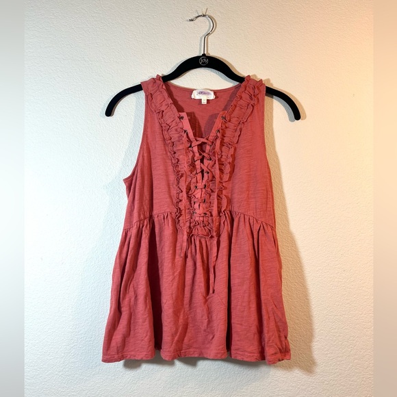Anthropologie Deletta Ruffle Tank Coral Pink Anthro Lace Up Flowy Cottage Boho S - Picture 5 of 12